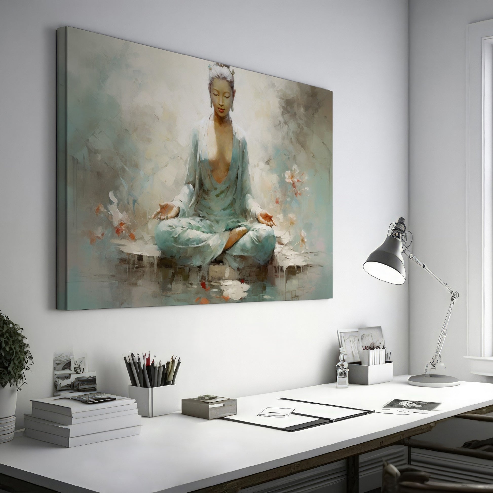 Framed canvas print of a meditative figure in serene surroundings with pastel colours