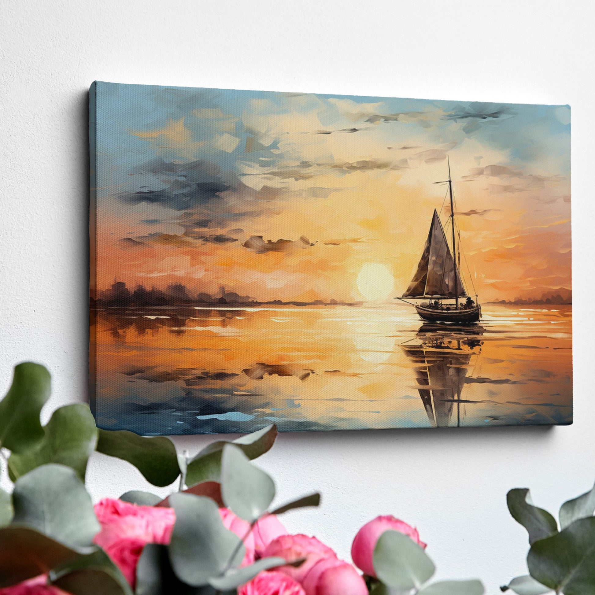 Framed canvas print of sailboat against golden sunset with peaceful ocean reflection