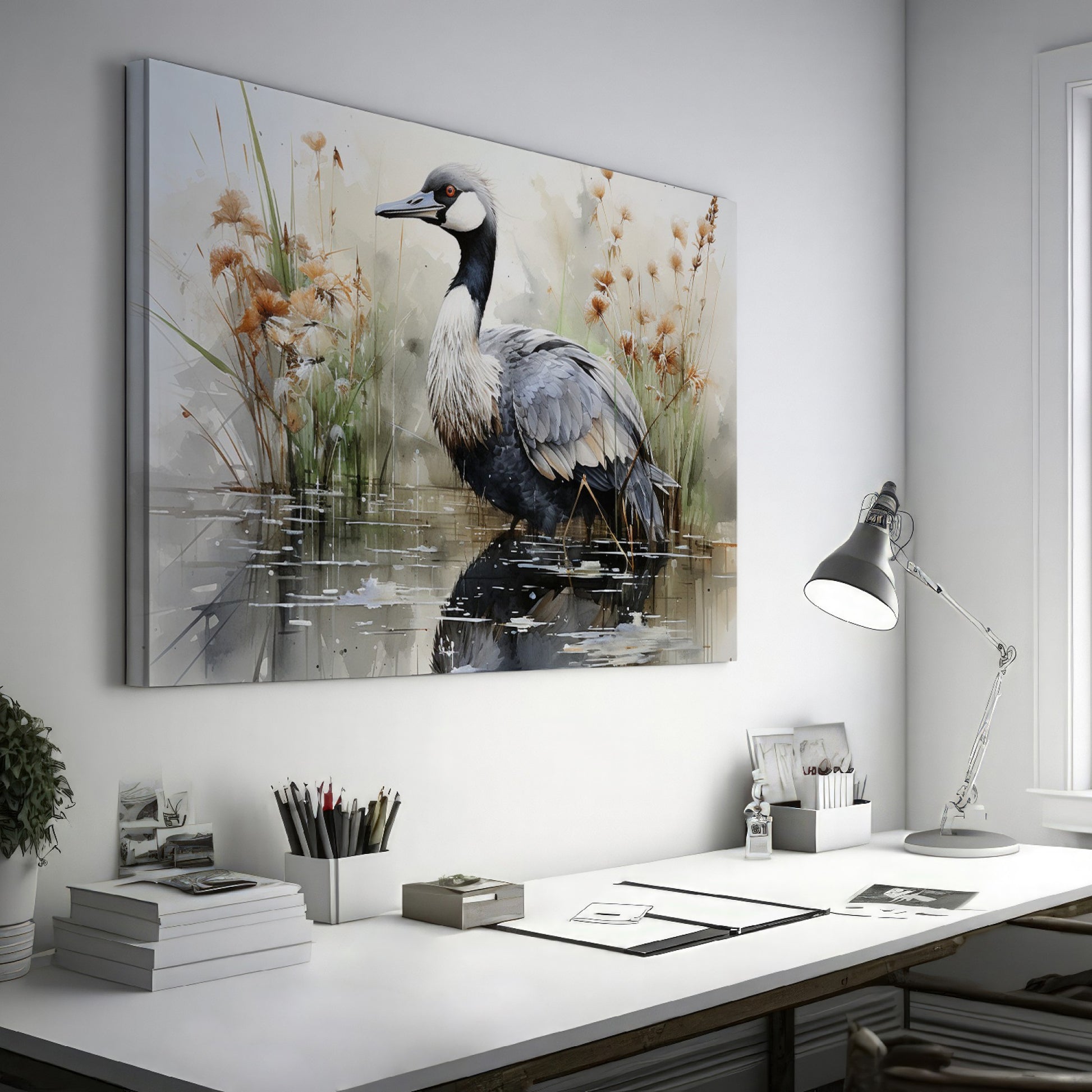 Framed canvas print of a crane amongst reeds in a watercolor wetland scene with neutral tones