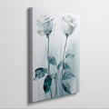 Framed canvas print of abstract blue roses with a textured appearance and soft colour palette