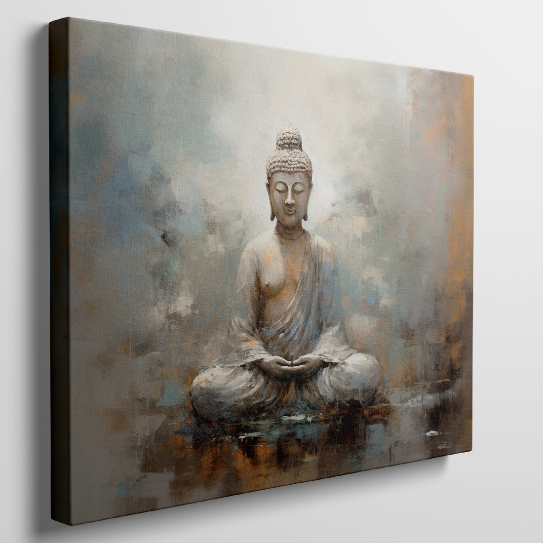 Framed canvas print of a meditative Buddha in earthy and serene tones