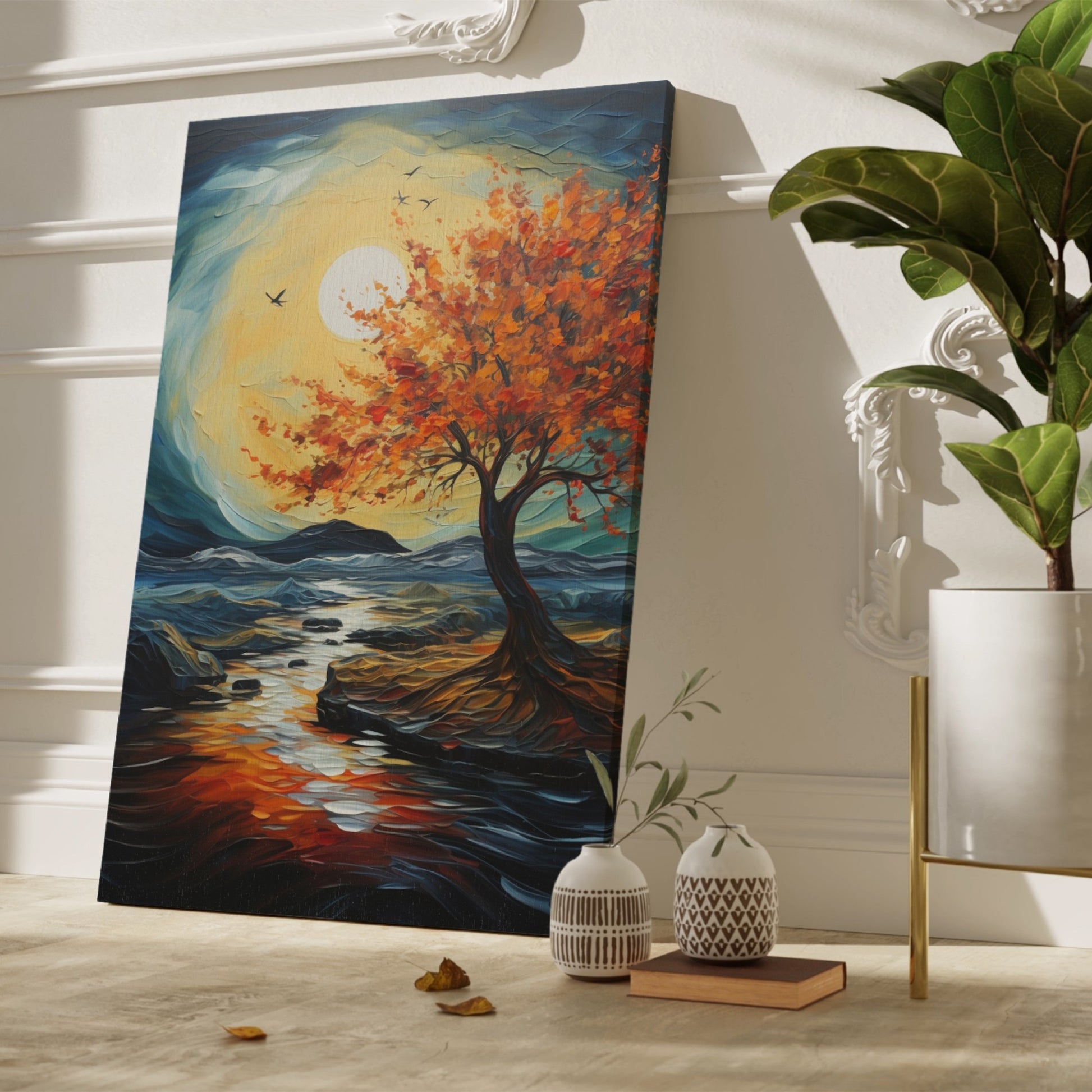 Framed canvas print of an autumnal tree with orange and red leaves against a sunset over a blue seascape