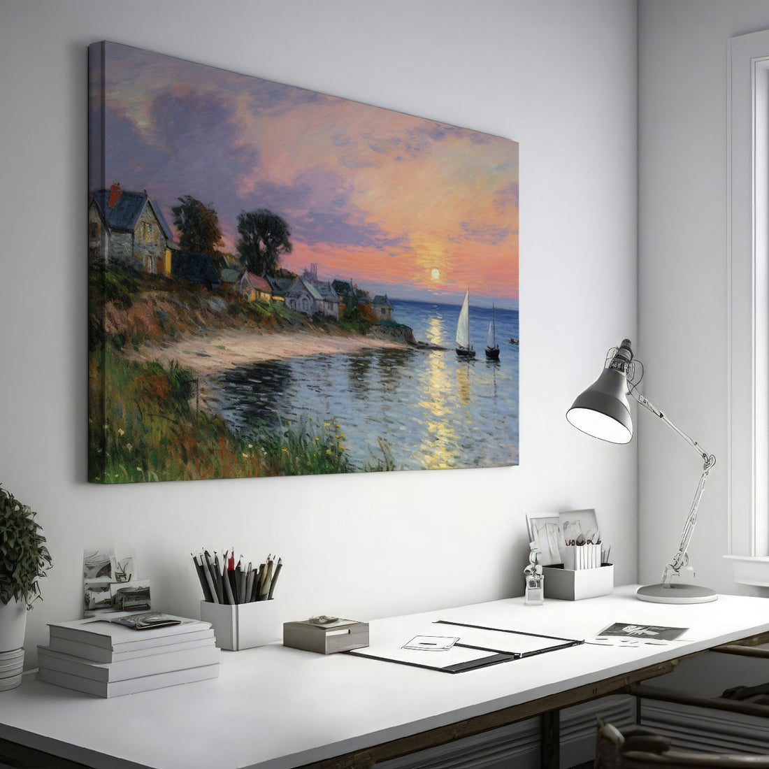 Framed canvas print of an impressionist painting of a seaside village at sunset with sailboats