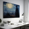 Framed canvas print of a mysterious figure under a moonlit, bird-strewn sky within a dramatic landscape