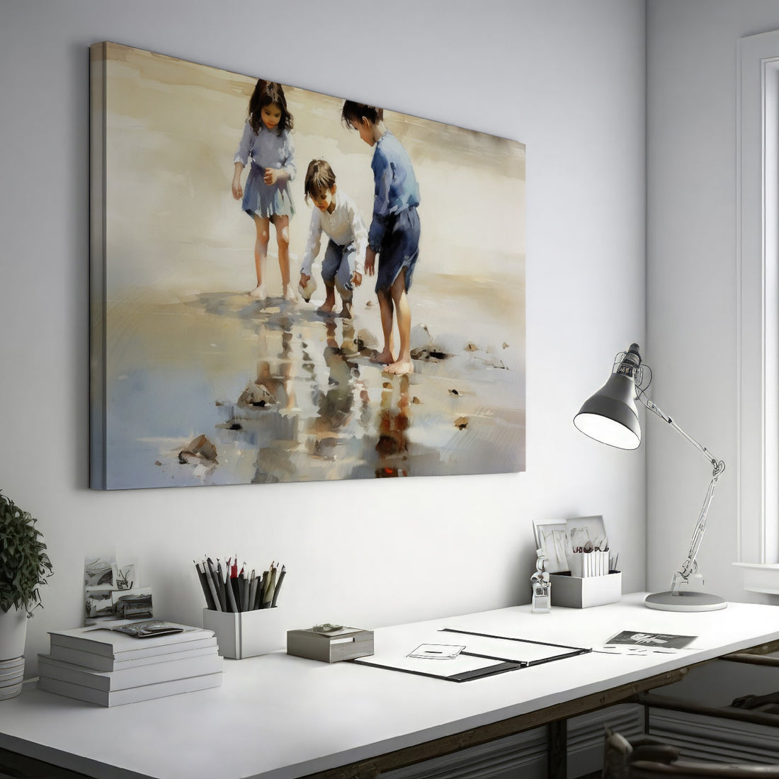 Framed canvas print of children playing by the seashore with a watercolor effect