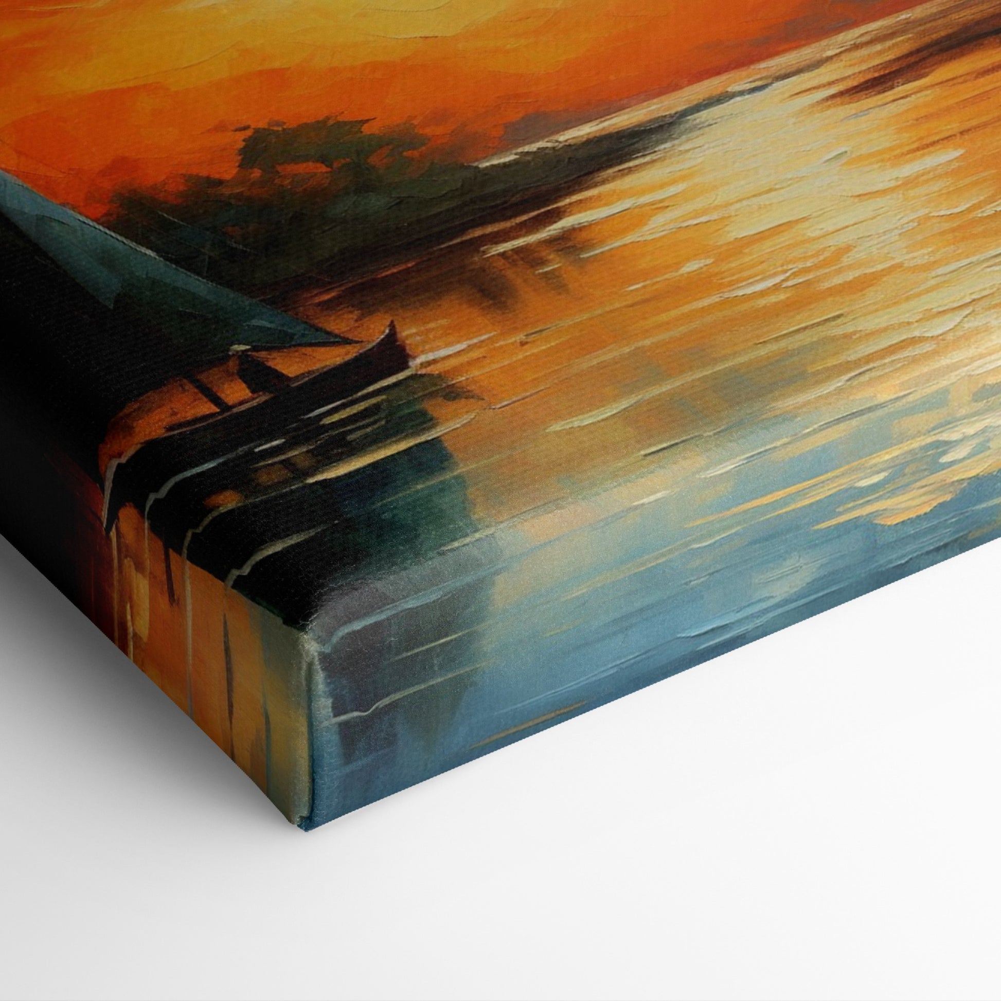 Framed canvas print of a vibrant impressionist sailboat against an orange hued sunset