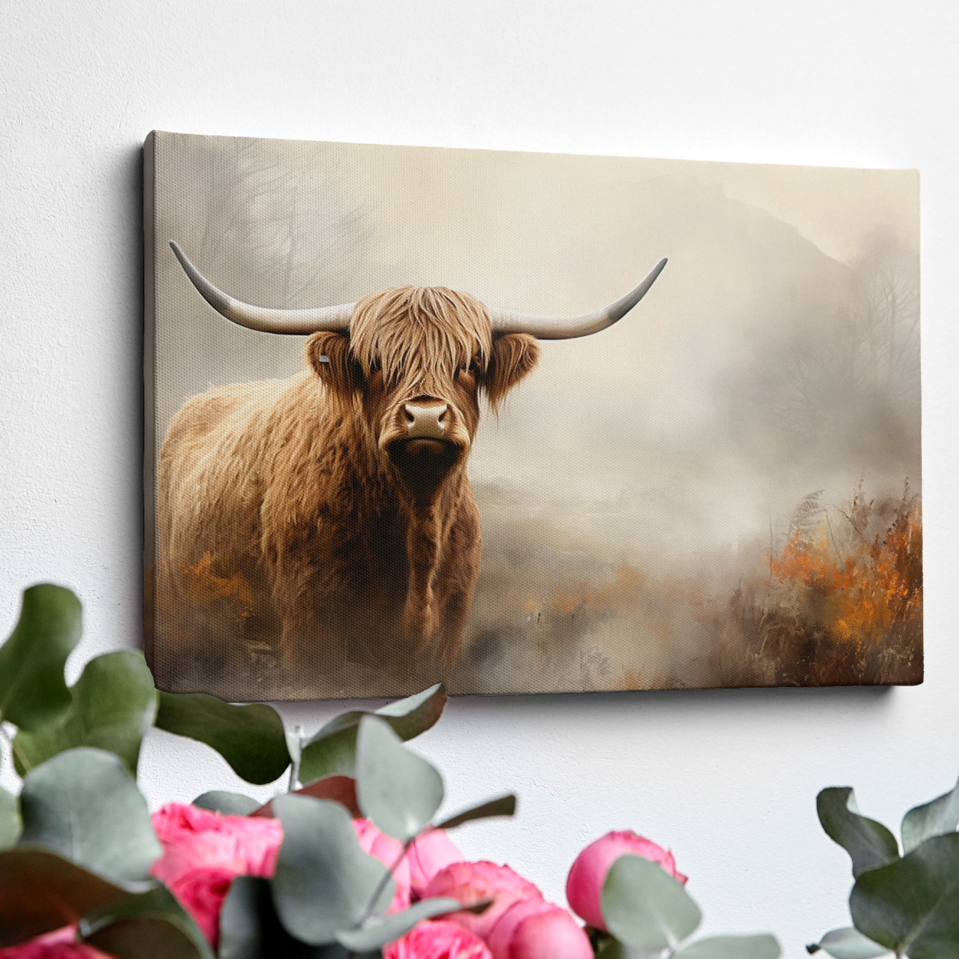 Framed canvas print of a majestic Highland Cow in a foggy autumnal landscape with warm earthy tones