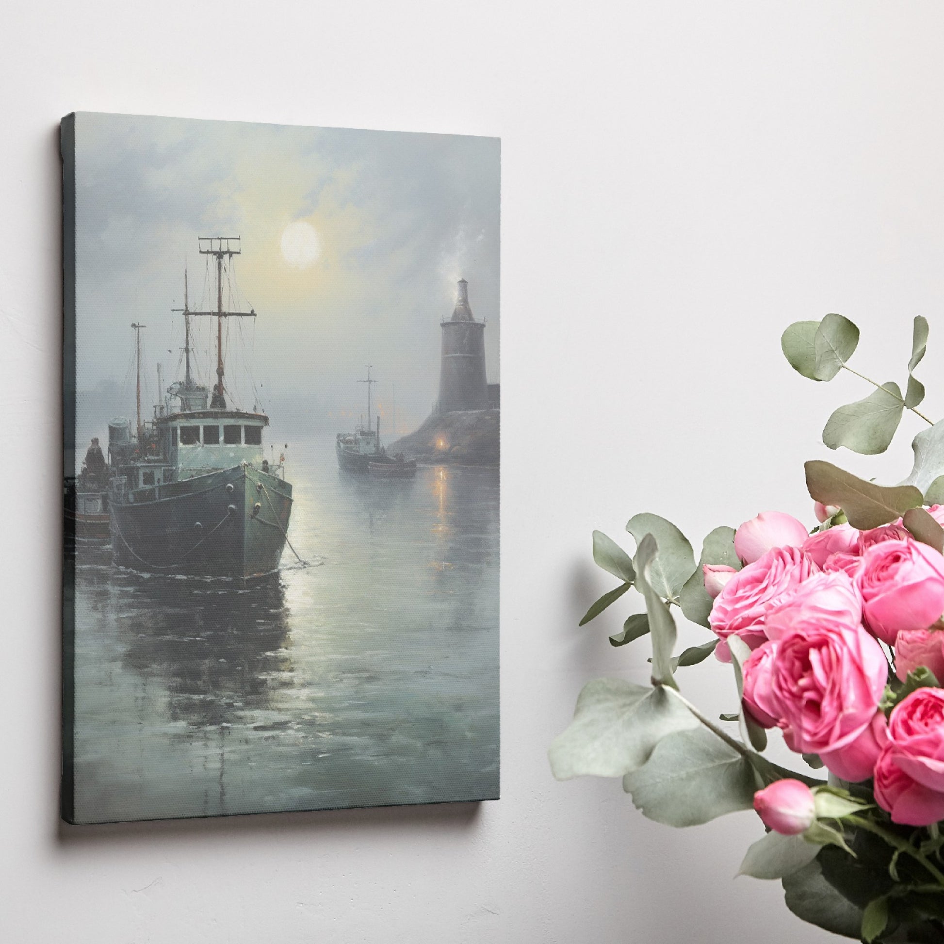 Framed canvas print of tranquil harbour scene with fishing boats and a lighthouse under a misty moonlit sky