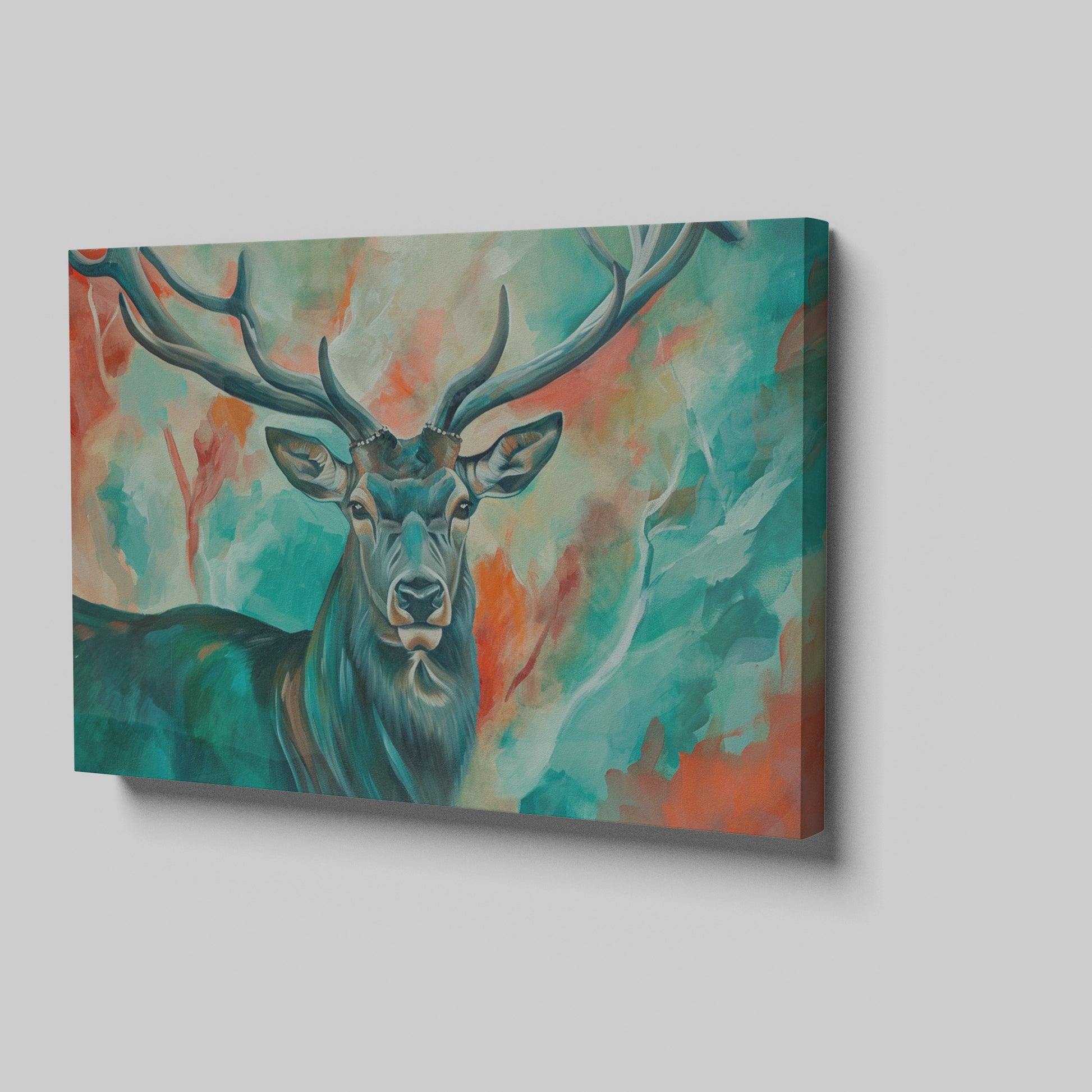 Framed canvas print of a colourful impressionistic painting of a stag with abstract elements