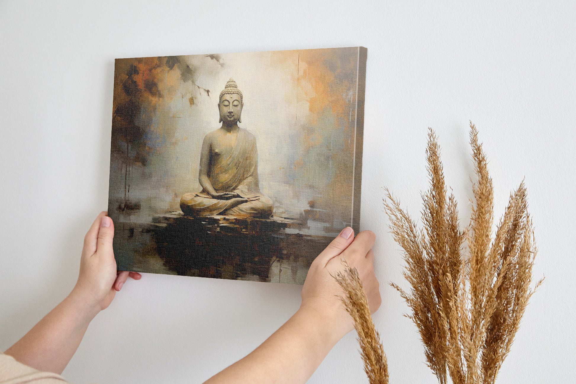 Framed canvas print of a meditative Buddha against an abstract, warm-toned background