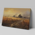 Framed canvas print of a rustic countryside at sunset with golden fields and cottages