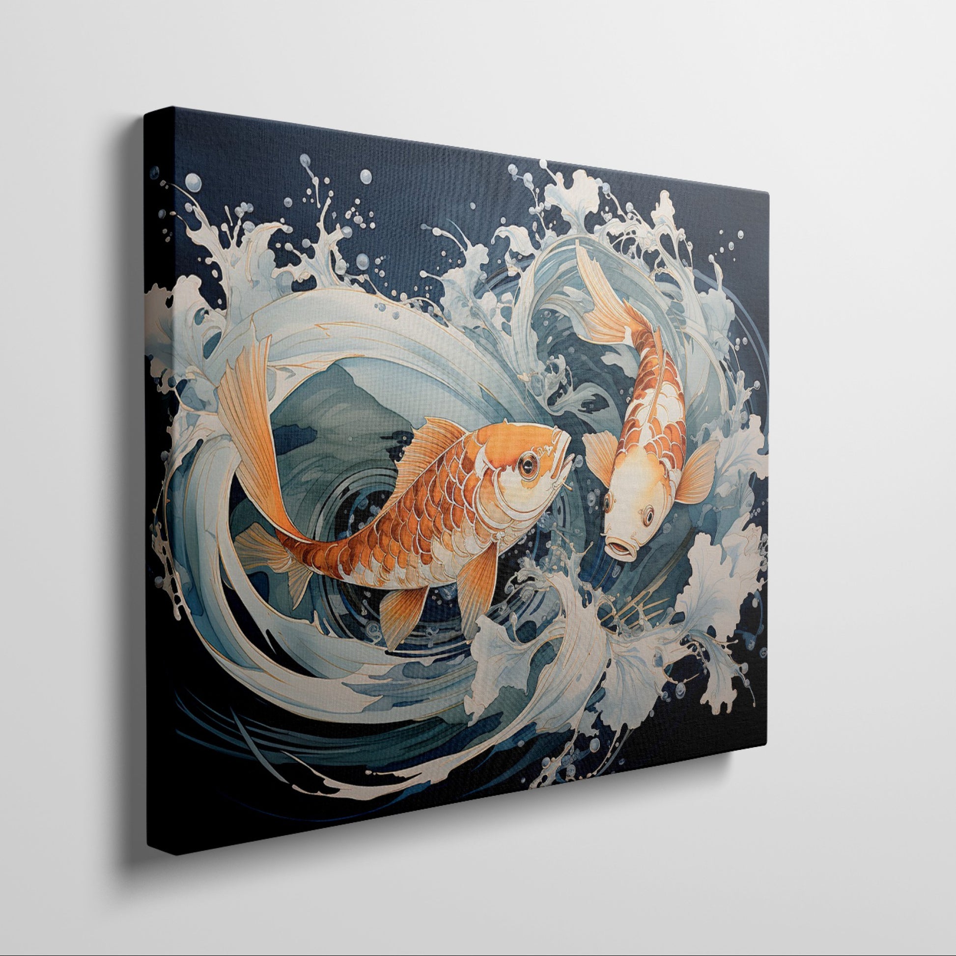 Framed canvas print of two vibrant koi fish with dynamic water movements in a Japanese style illustration