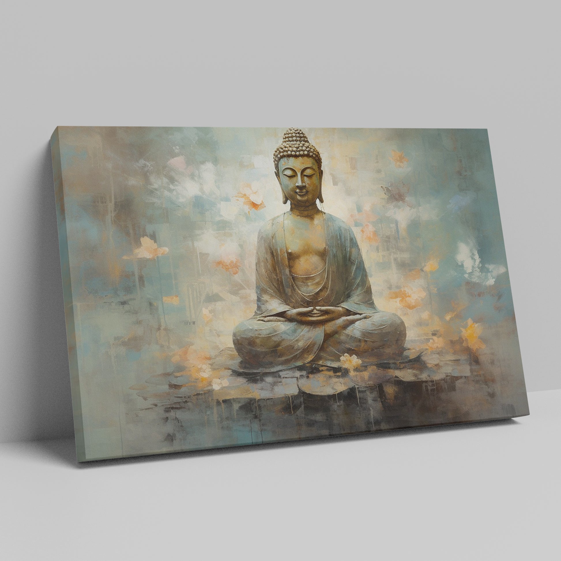 Framed canvas print of serene Buddha in meditation with abstract blue and orange background