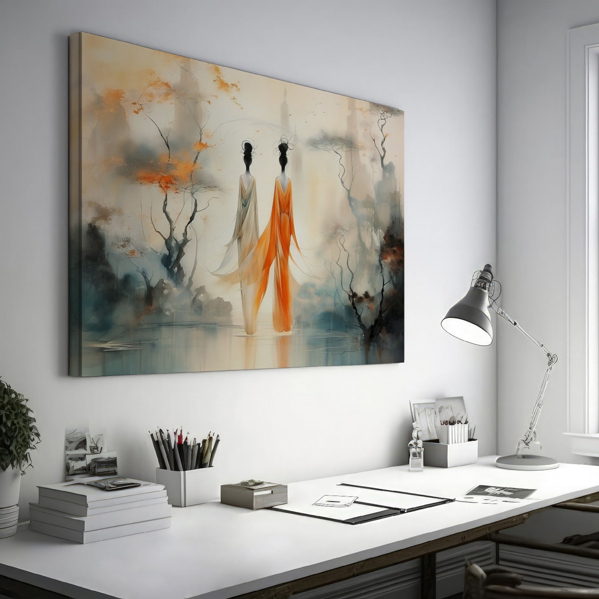 Framed canvas print of ethereal stylised women in a mystical, abstract landscape with orange and ivory tones