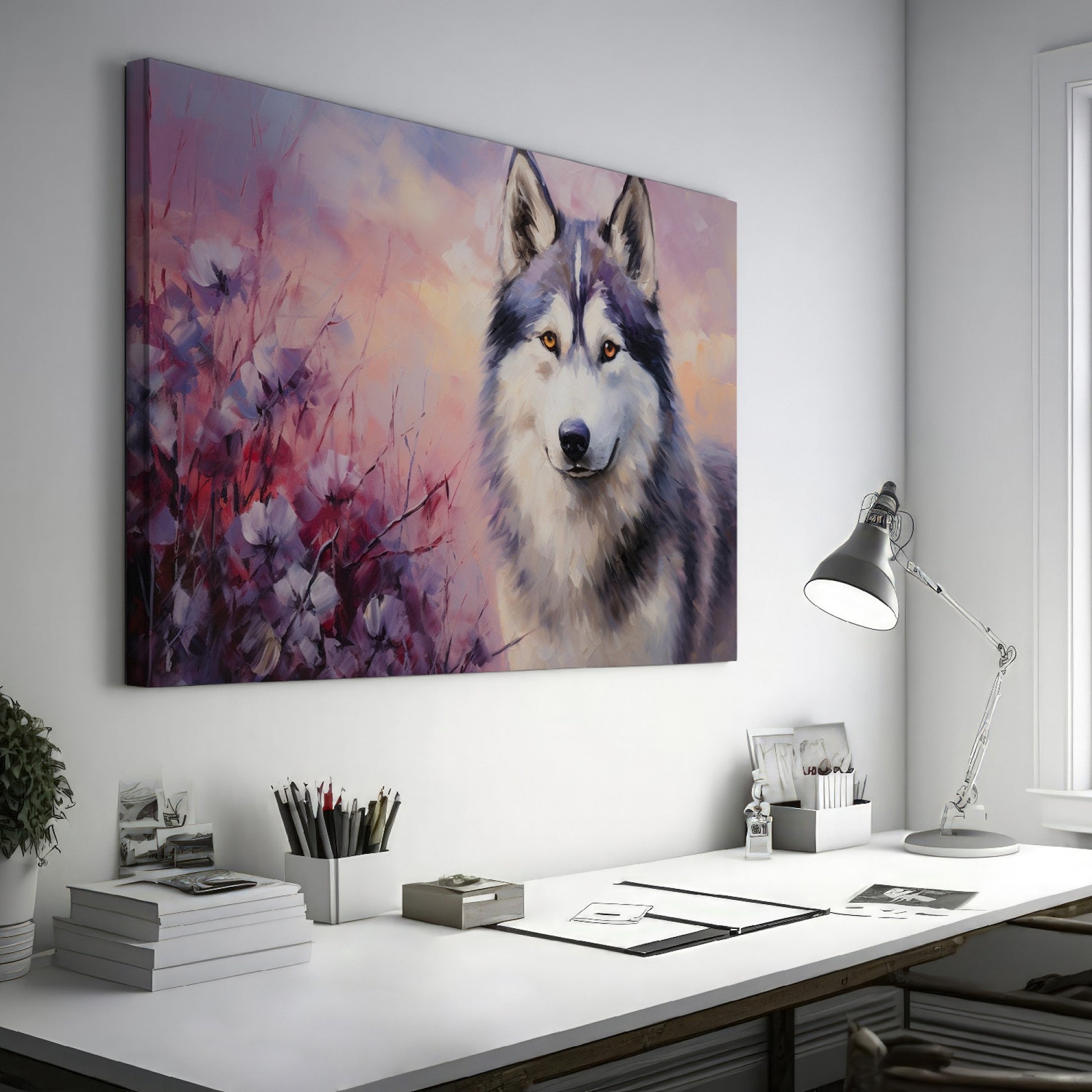 Framed canvas print of a stylised wolf portrait with a pastel floral background and sunset colours