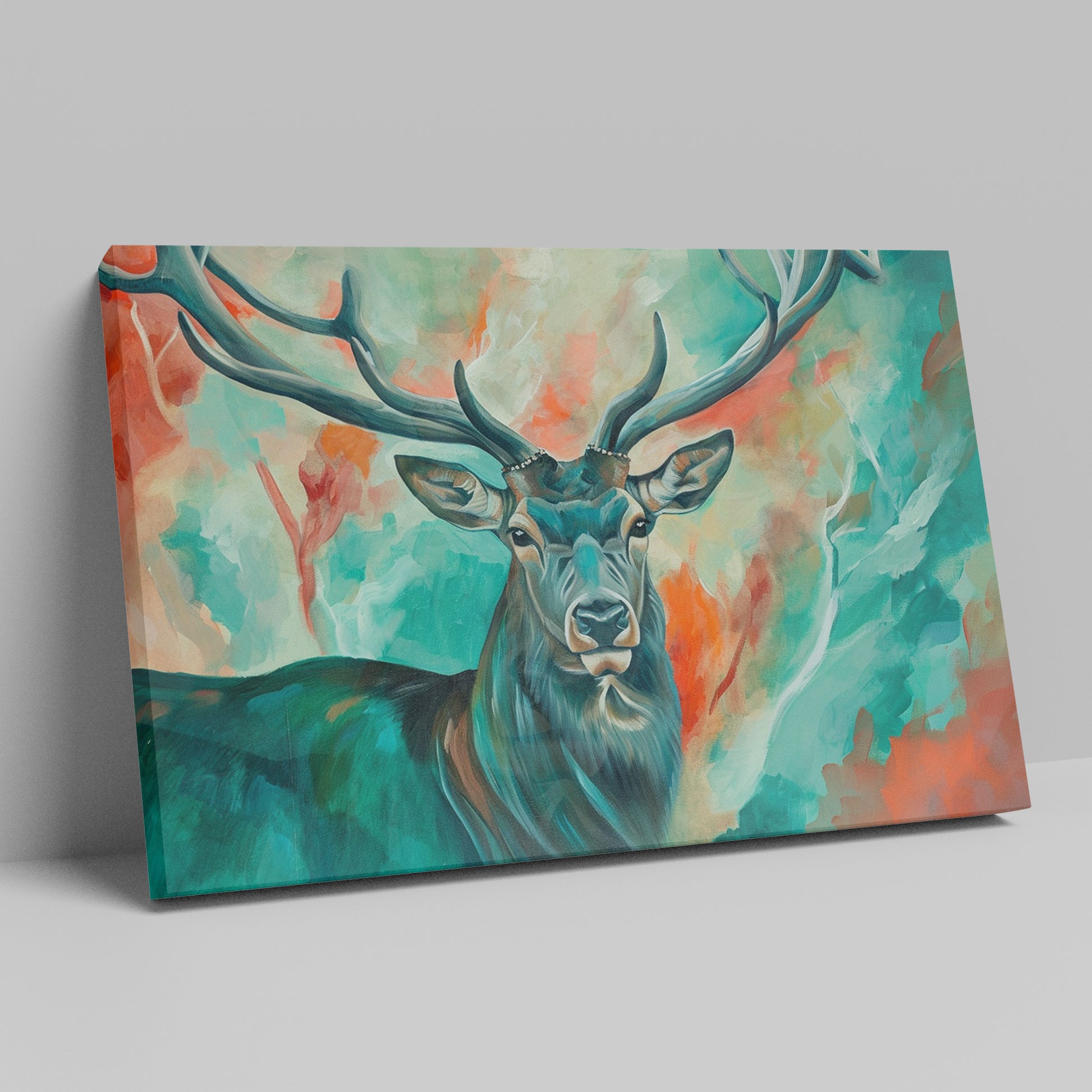 Framed canvas print of a colourful impressionistic painting of a stag with abstract elements