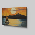 Geometric style painting of a sailboat at sunset with mountains and reflections in the water