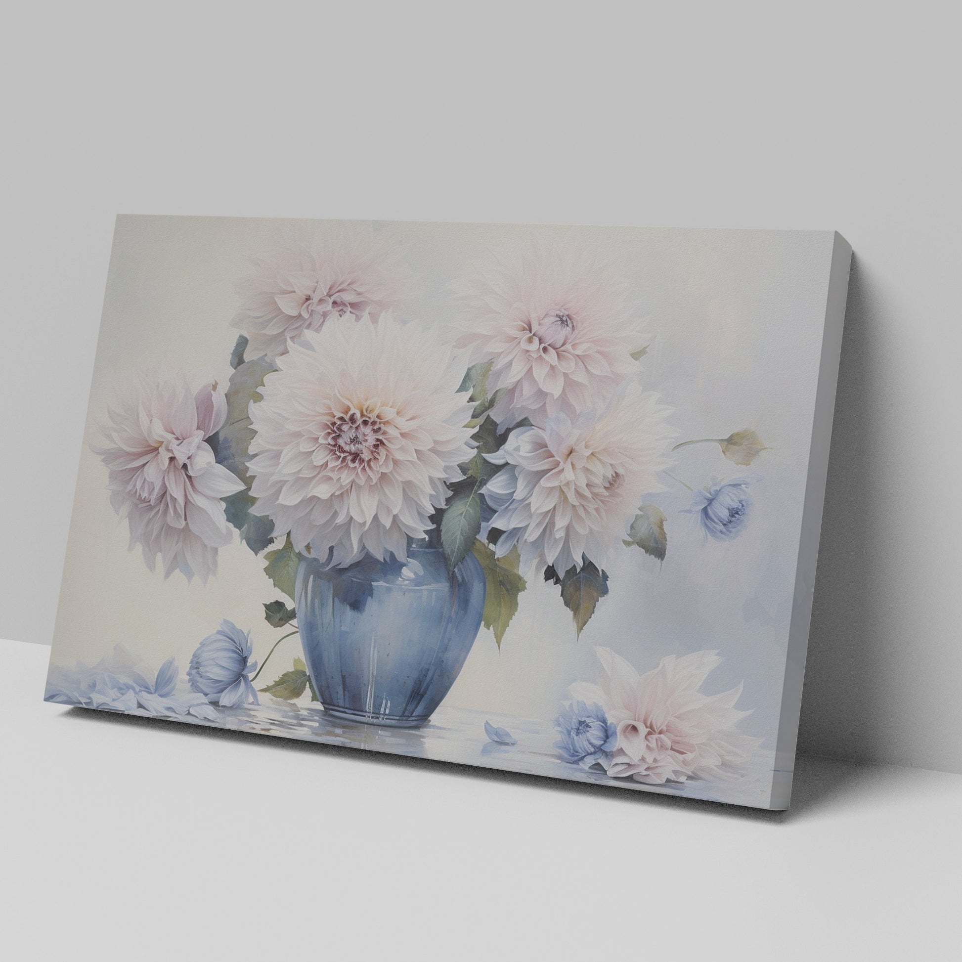 Framed canvas print of realistic dahlia flowers in a vintage blue vase with soft pastel tones