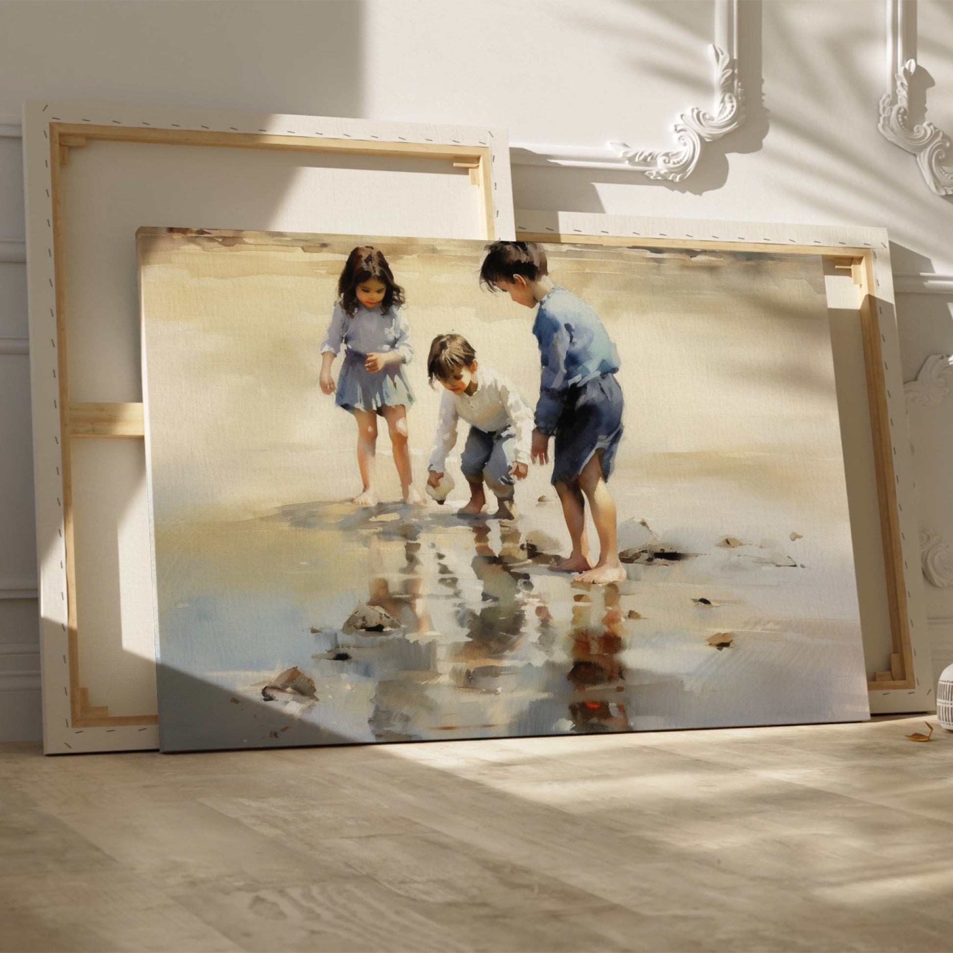 Framed canvas print of children playing by the seashore with a watercolor effect