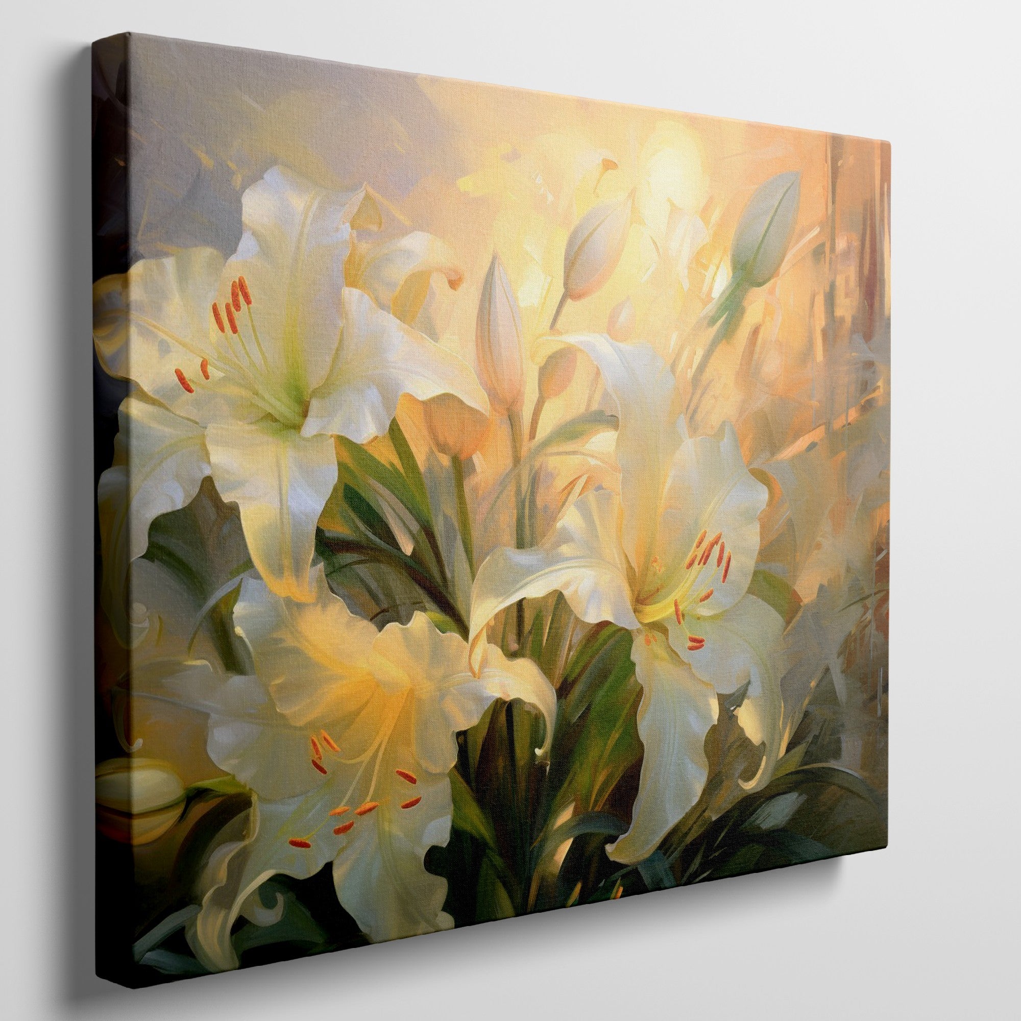 Framed canvas print of impressionist lilies in warm shades of yellow and cream