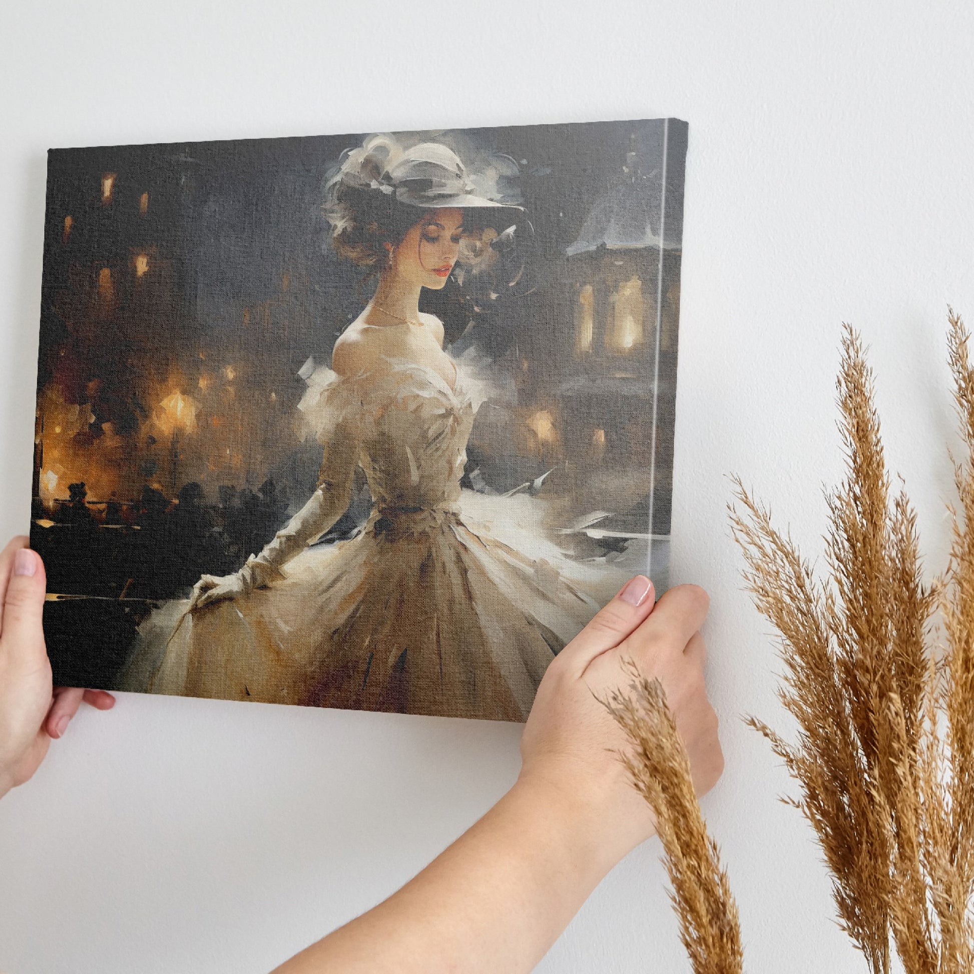 Framed canvas print of an elegant Victorian lady in a dress with Parisian night background