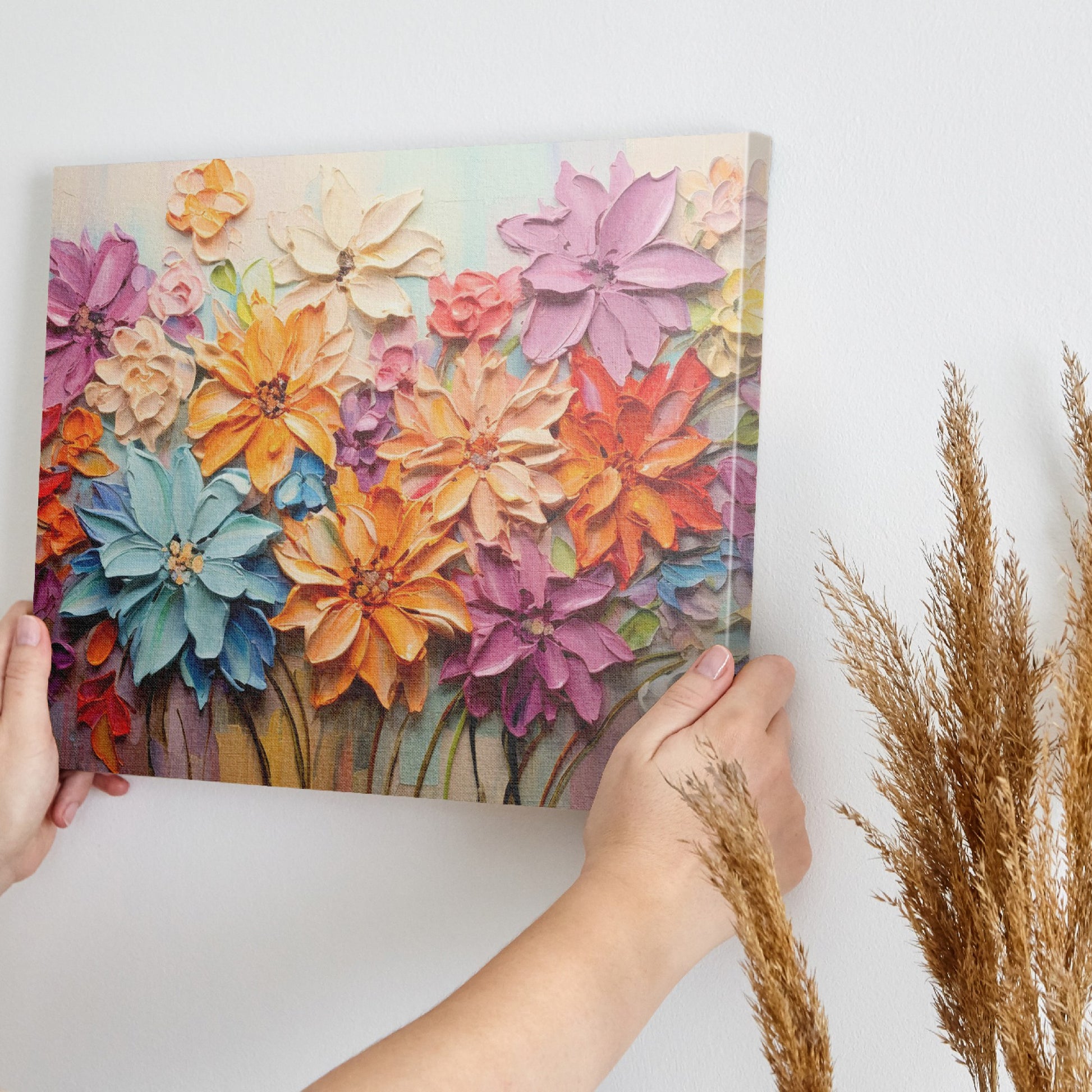 Framed canvas print of vibrant impasto flowers with 3D texture in bright colors