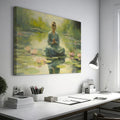 Framed canvas print of a meditative woman in a tranquil lotus pond with soft light and pastel colours