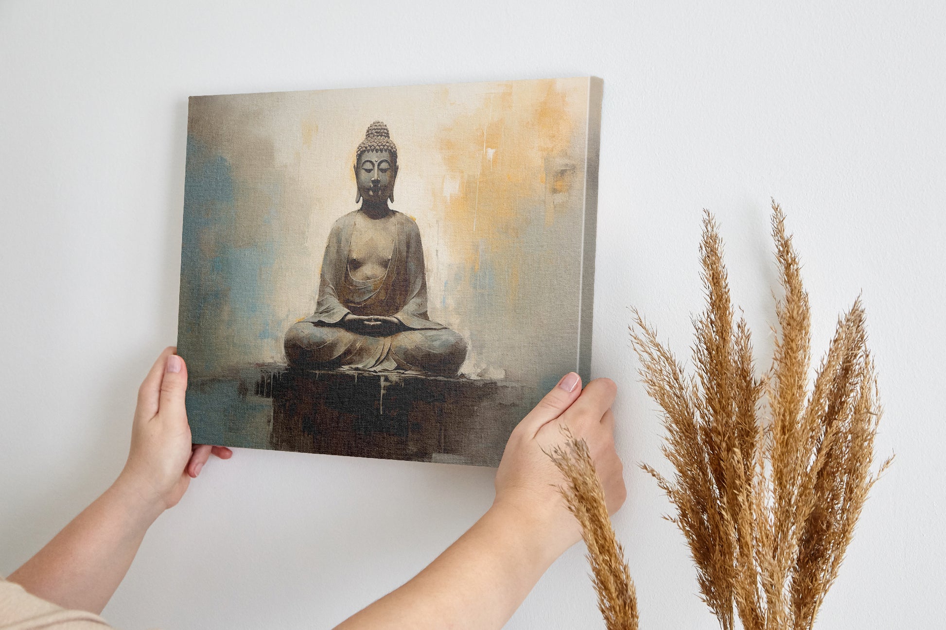 Framed canvas print of a serene Buddha in meditative pose with abstract warm and neutral tones