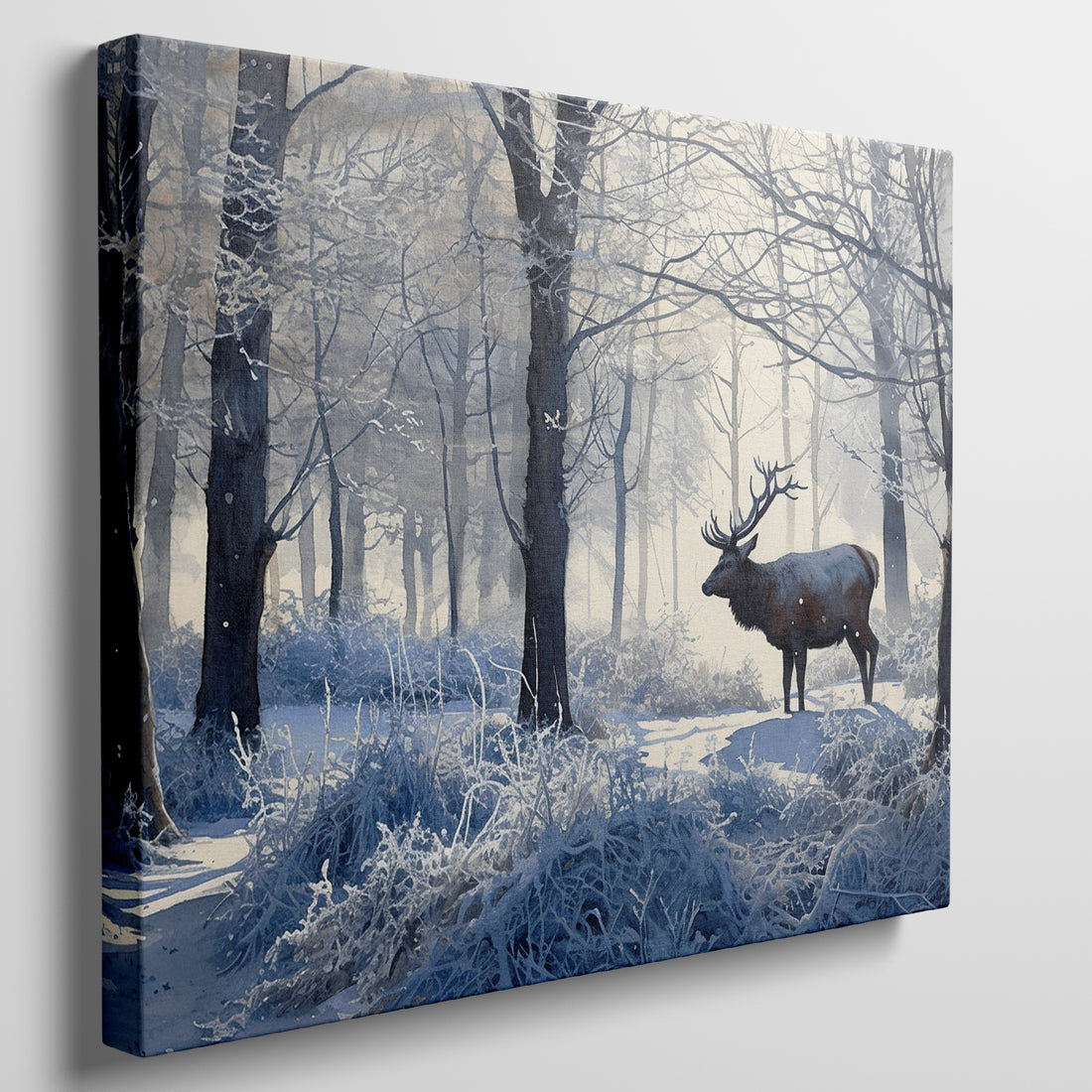 Framed canvas print of an elk in a snowy forest with blue-tinted trees