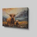 Framed canvas print featuring vibrant Highland cattle with mountain landscape