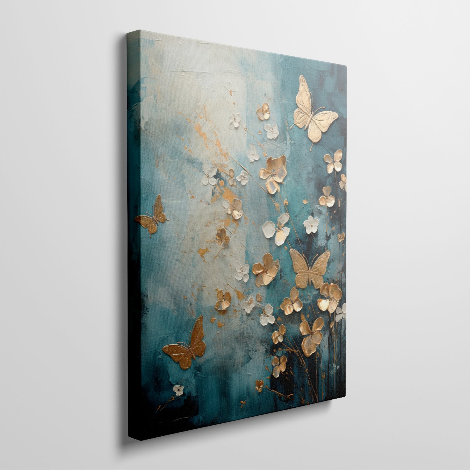 Framed canvas print of abstract painting with butterflies and flowers in gold on a teal background