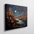 Framed canvas print of a moonlit fantasy cityscape with vibrant colours and a starry night sky