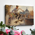 Framed canvas print of an impressionist urban scene with a skateboarder performing a trick in sunlight