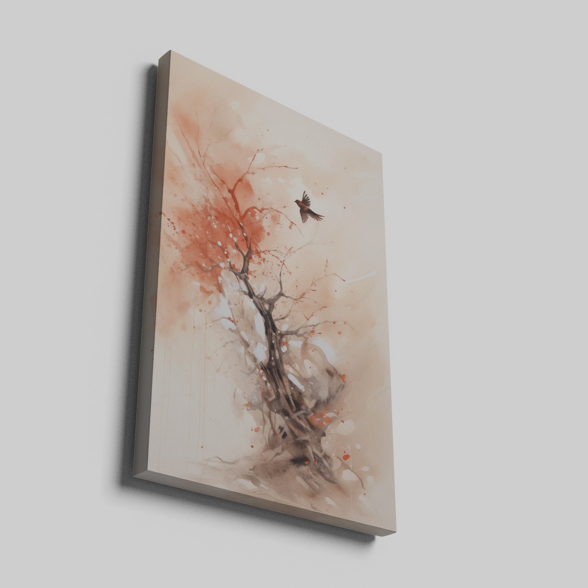 Abstract watercolor painting of a tree with red highlights and a bird in flight on a beige background