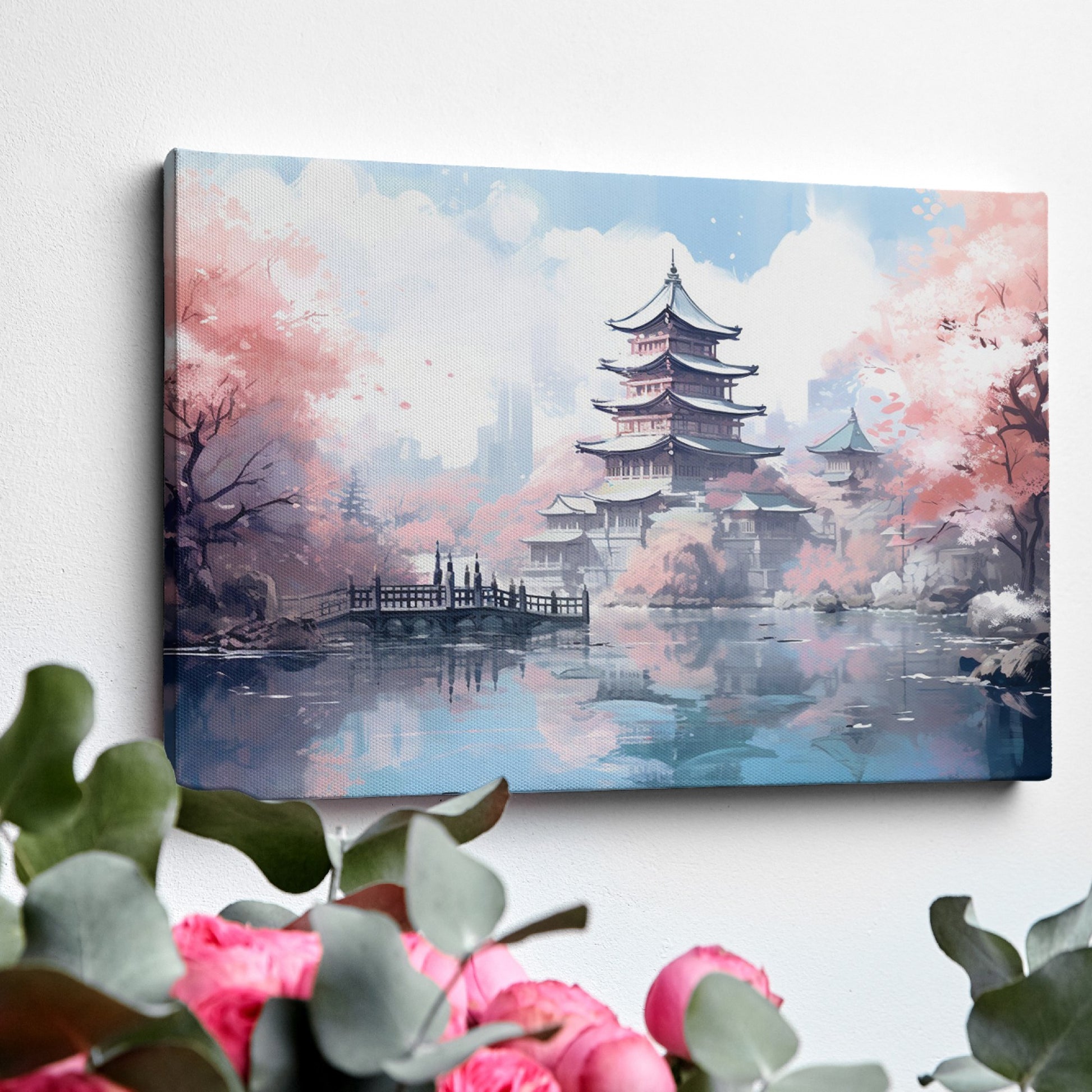 Framed canvas print of a Japanese pagoda surrounded by cherry blossoms and reflected in a tranquil pond