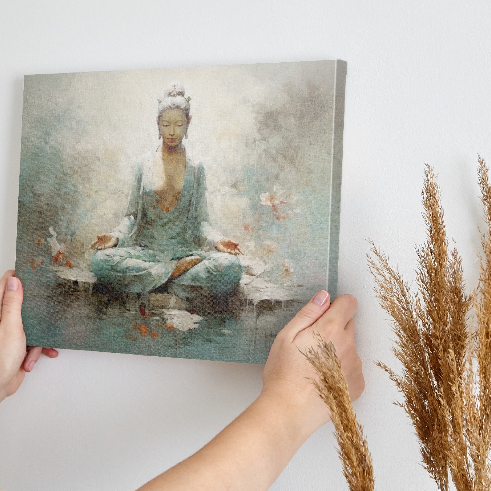 Framed canvas print of a meditative figure in serene surroundings with pastel colours