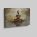 Framed canvas print of a serene Buddha in meditation with an abstract, earth-toned backdrop and reflective water