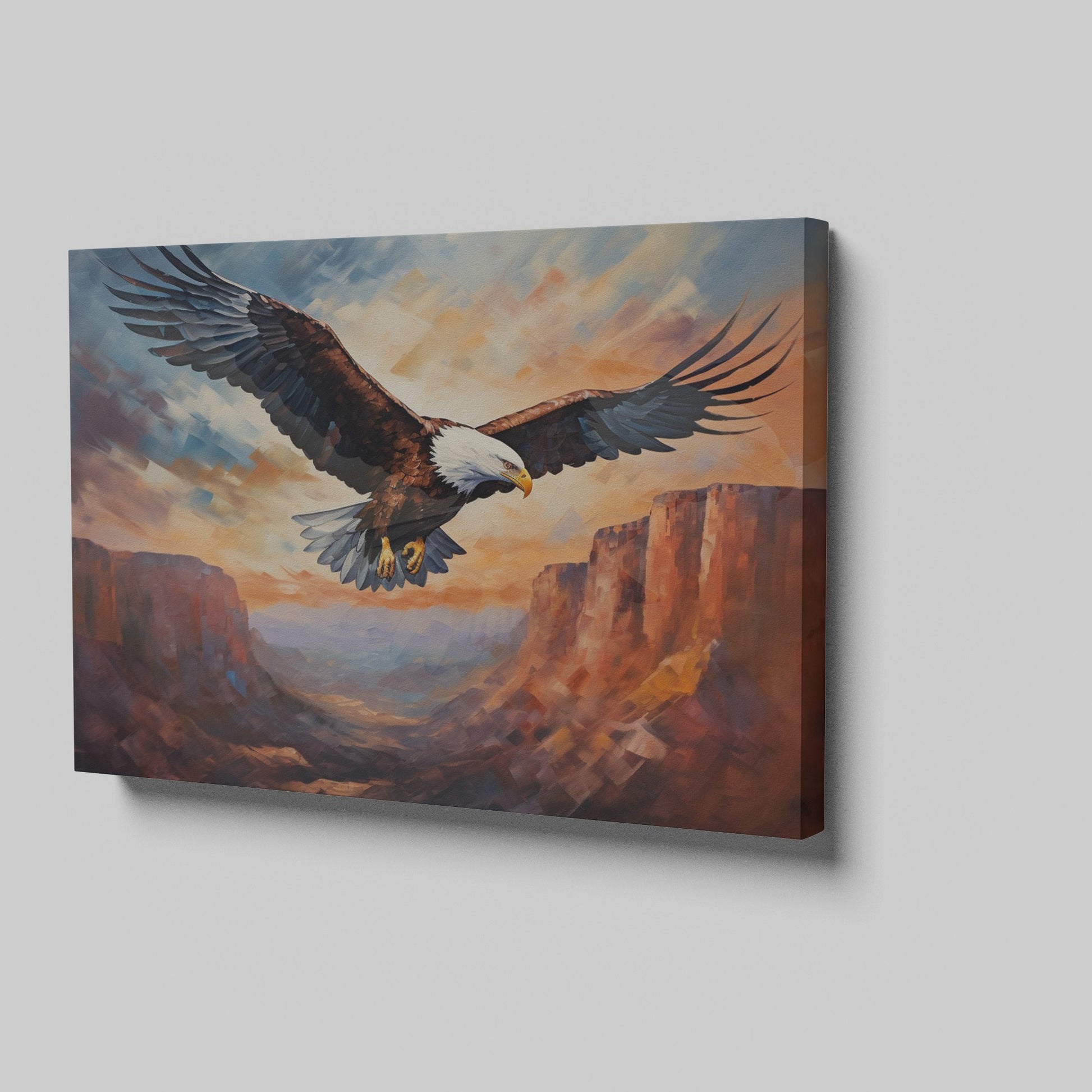 Framed canvas print of a majestic eagle soaring over a canyon at sunset