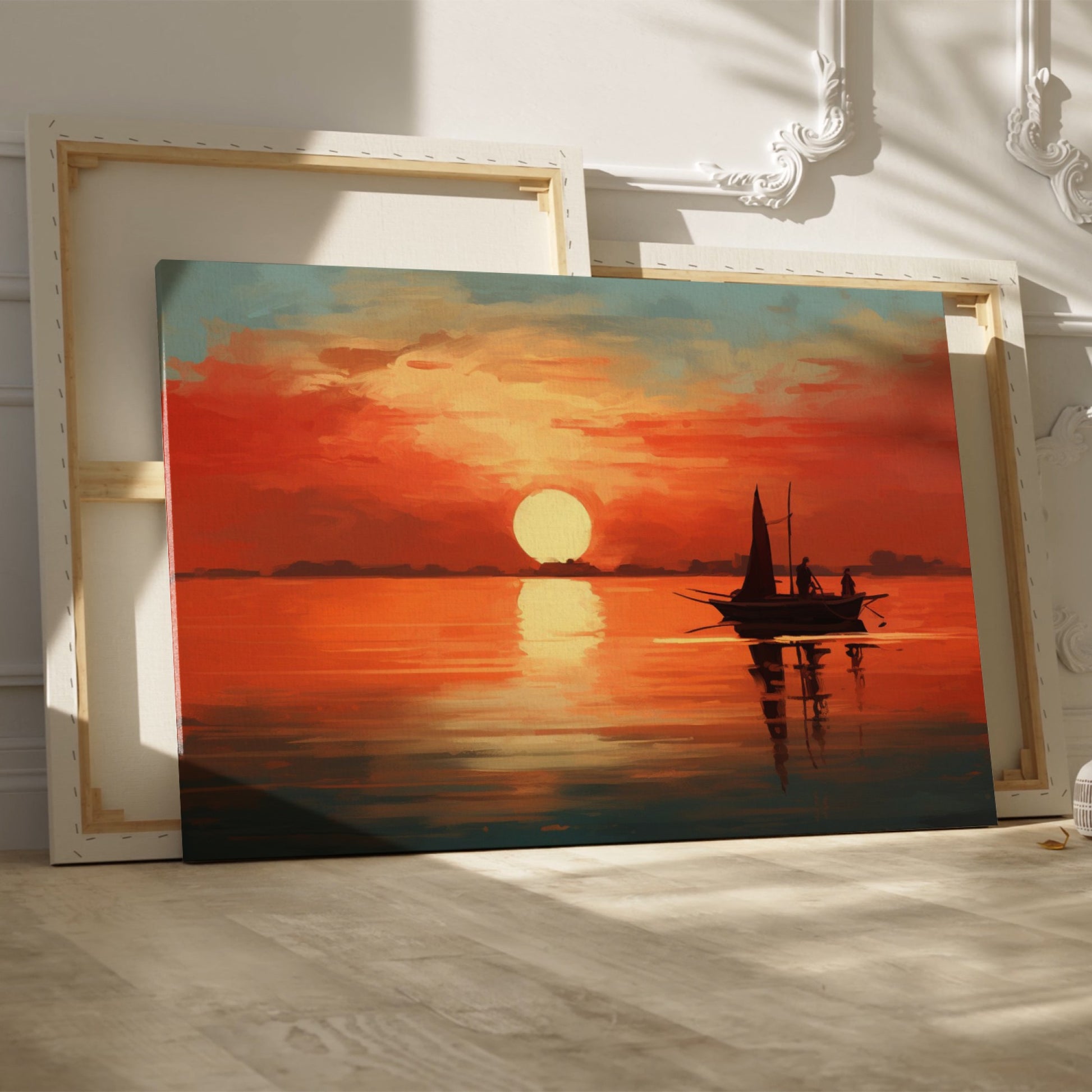 Framed canvas print of a sailboat silhouetted against a sunset with warm red and orange tones