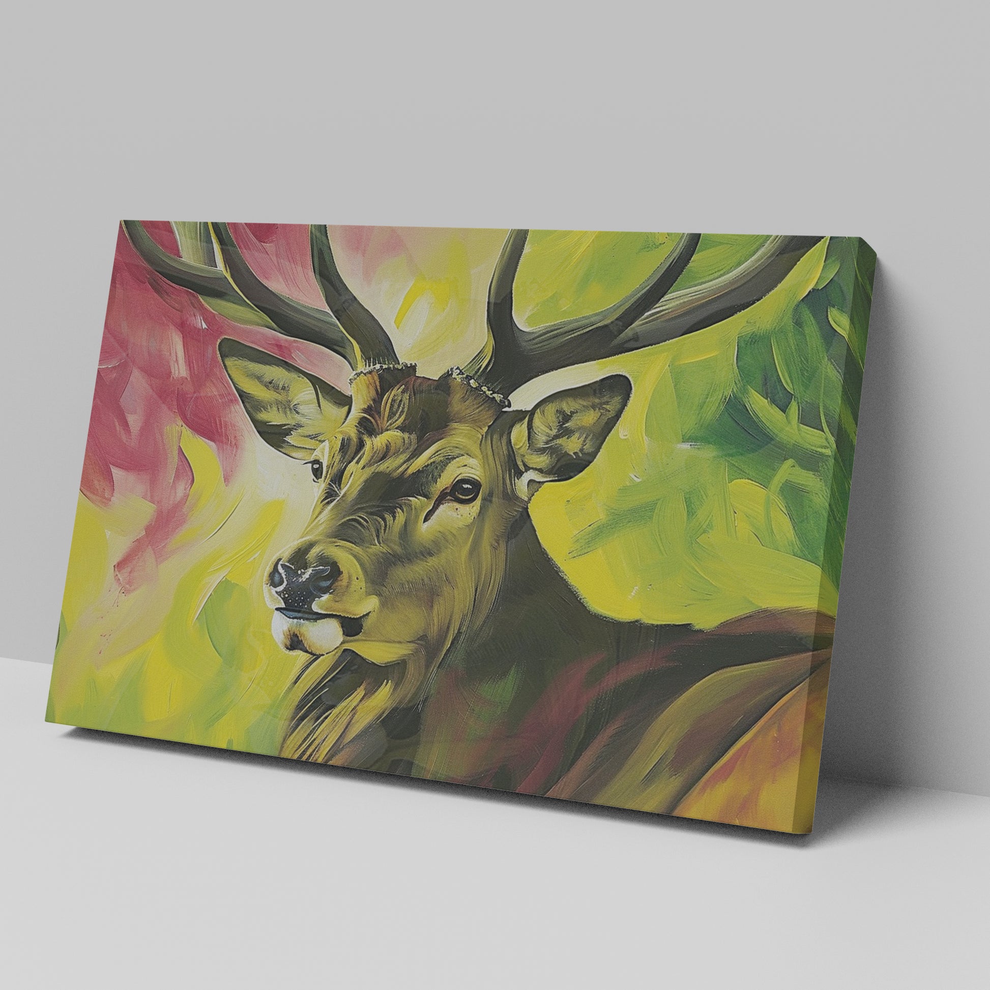 Framed canvas print of a vibrant stag painting with a multicoloured background