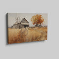 Framed canvas print of a rustic barn in autumn with golden fields and a leafy tree