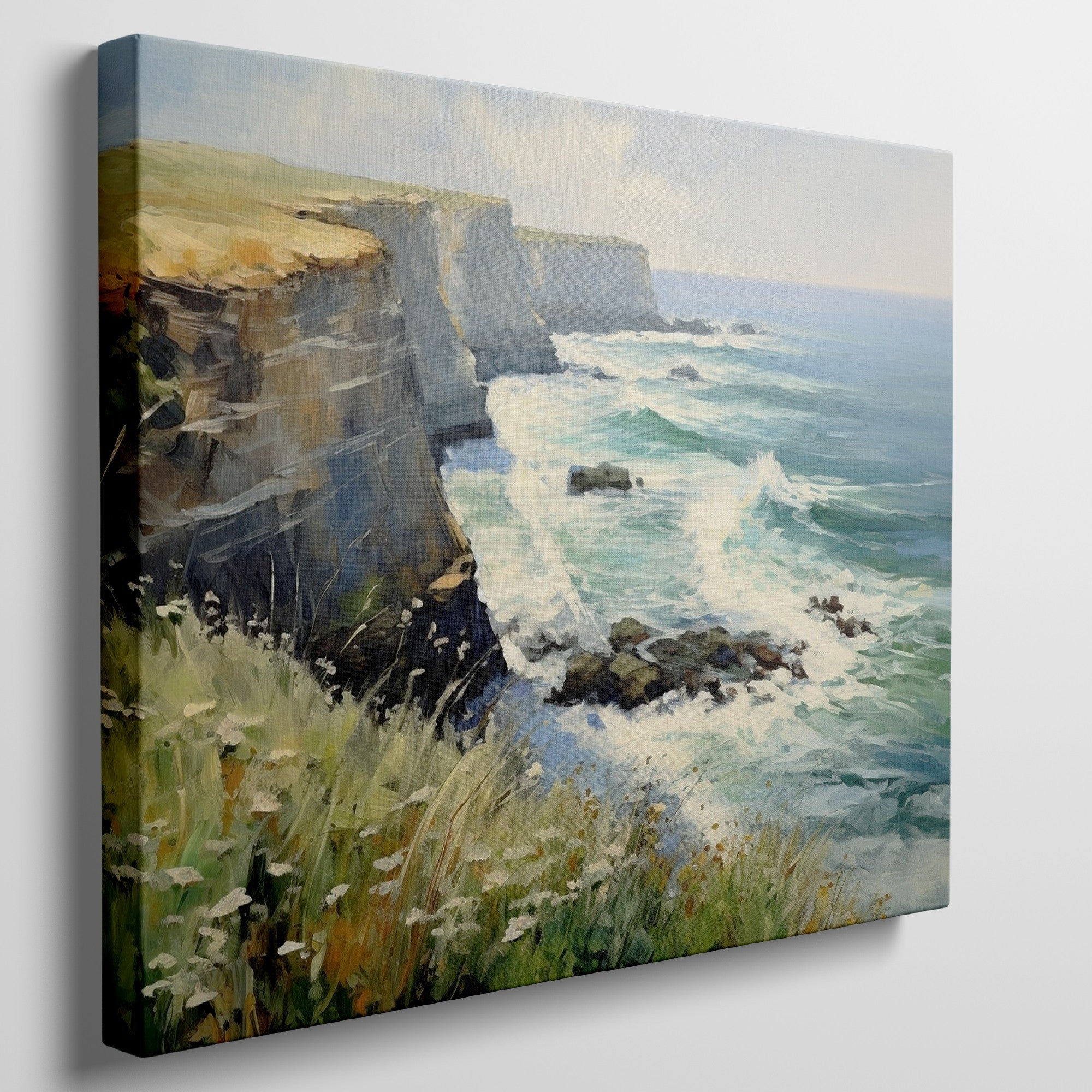 Framed canvas print of an impressionist seascape with cliffs and ocean