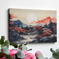 Framed canvas print of oriental autumn landscape with red sakura trees and mountain view