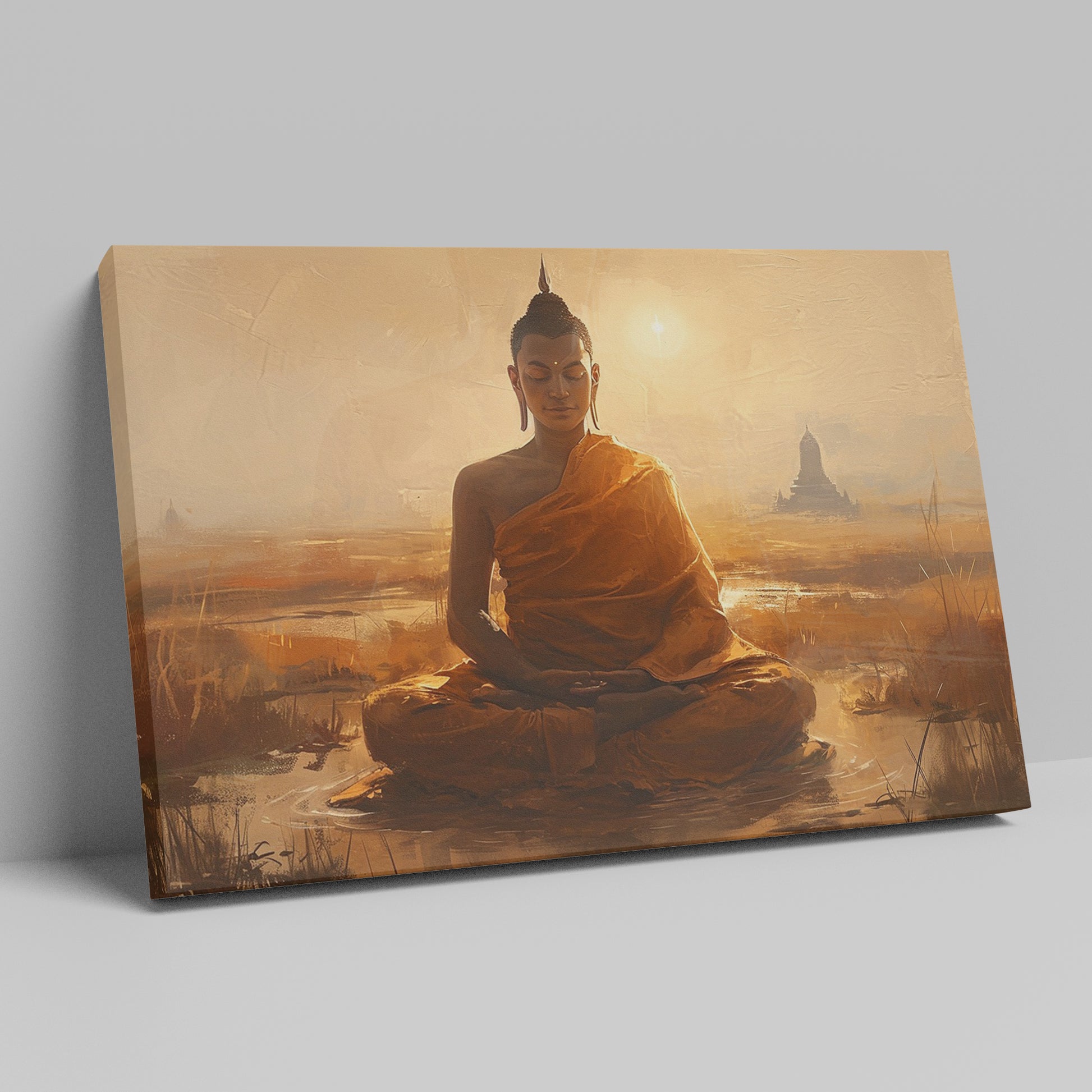 Framed canvas print of a serene meditating Buddha in golden sunset hues with temple silhouette