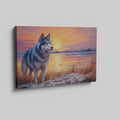 Framed canvas print of a Husky in silhouette against a colourful sunset with reflection on water