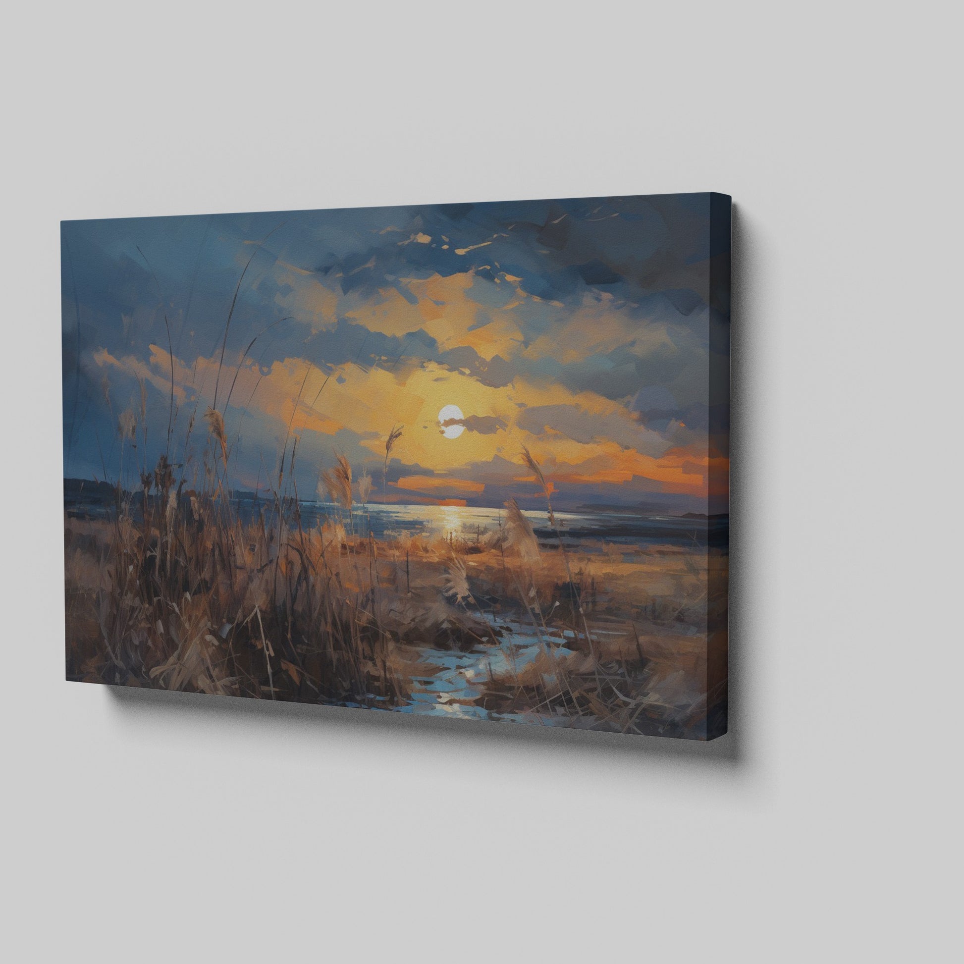 Framed canvas print of an impressionistic sunset over a coastal landscape with vibrant warm hues