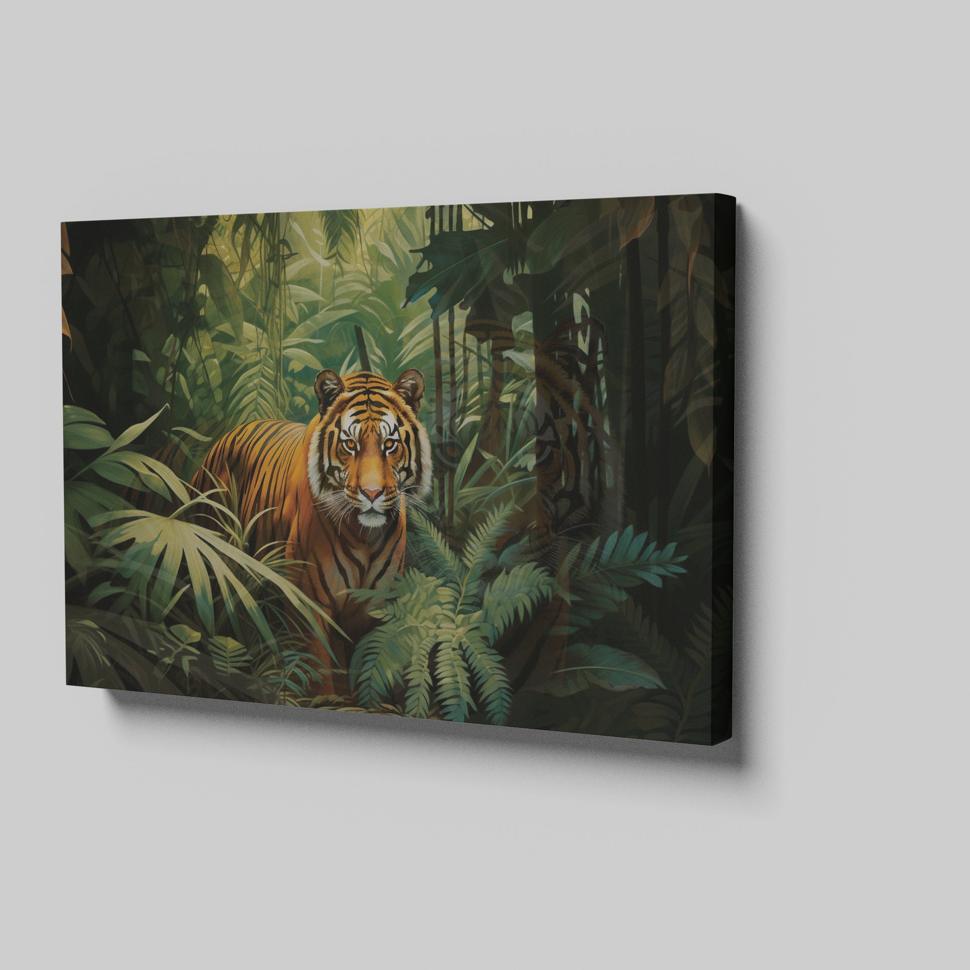 Framed canvas print of a majestic tiger amidst vibrant green tropical foliage