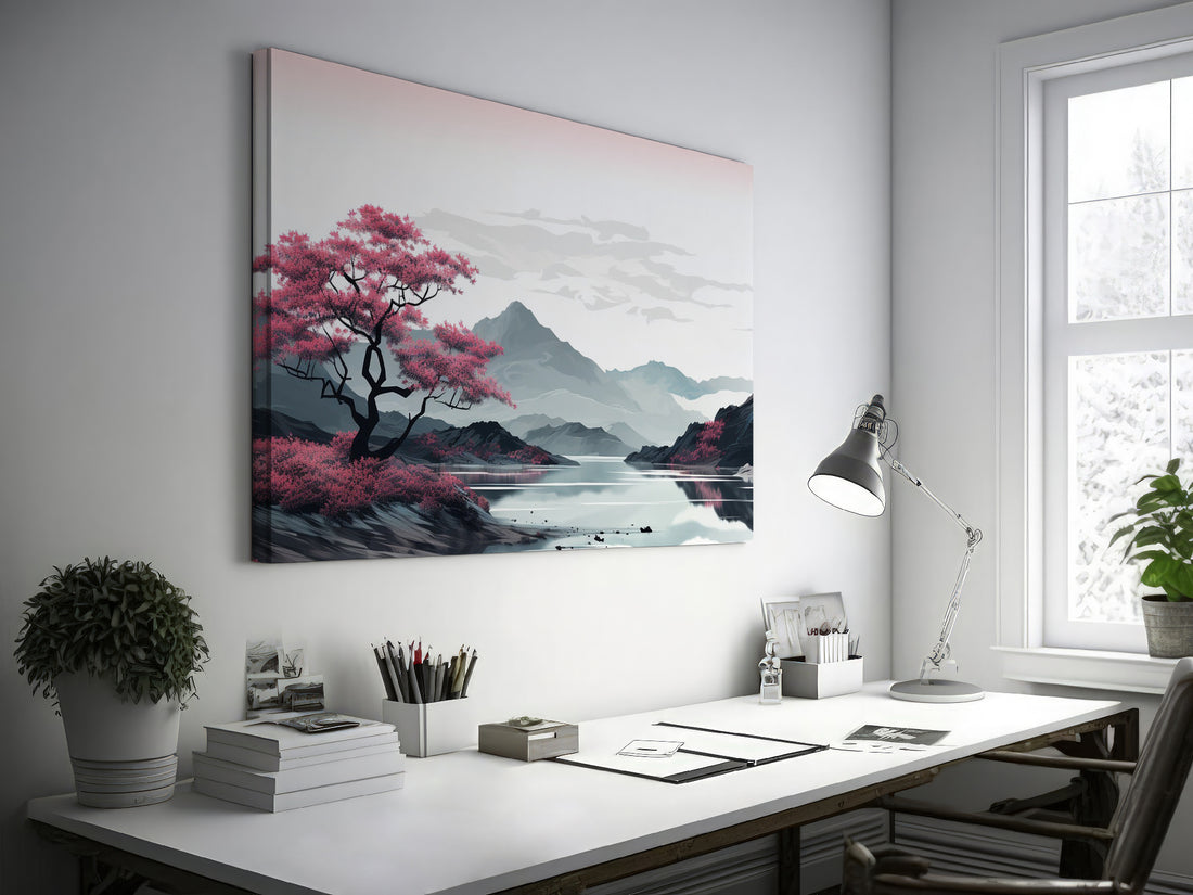 Framed canvas print of an oriental cherry blossom beside a reflective lake with mountain backdrop