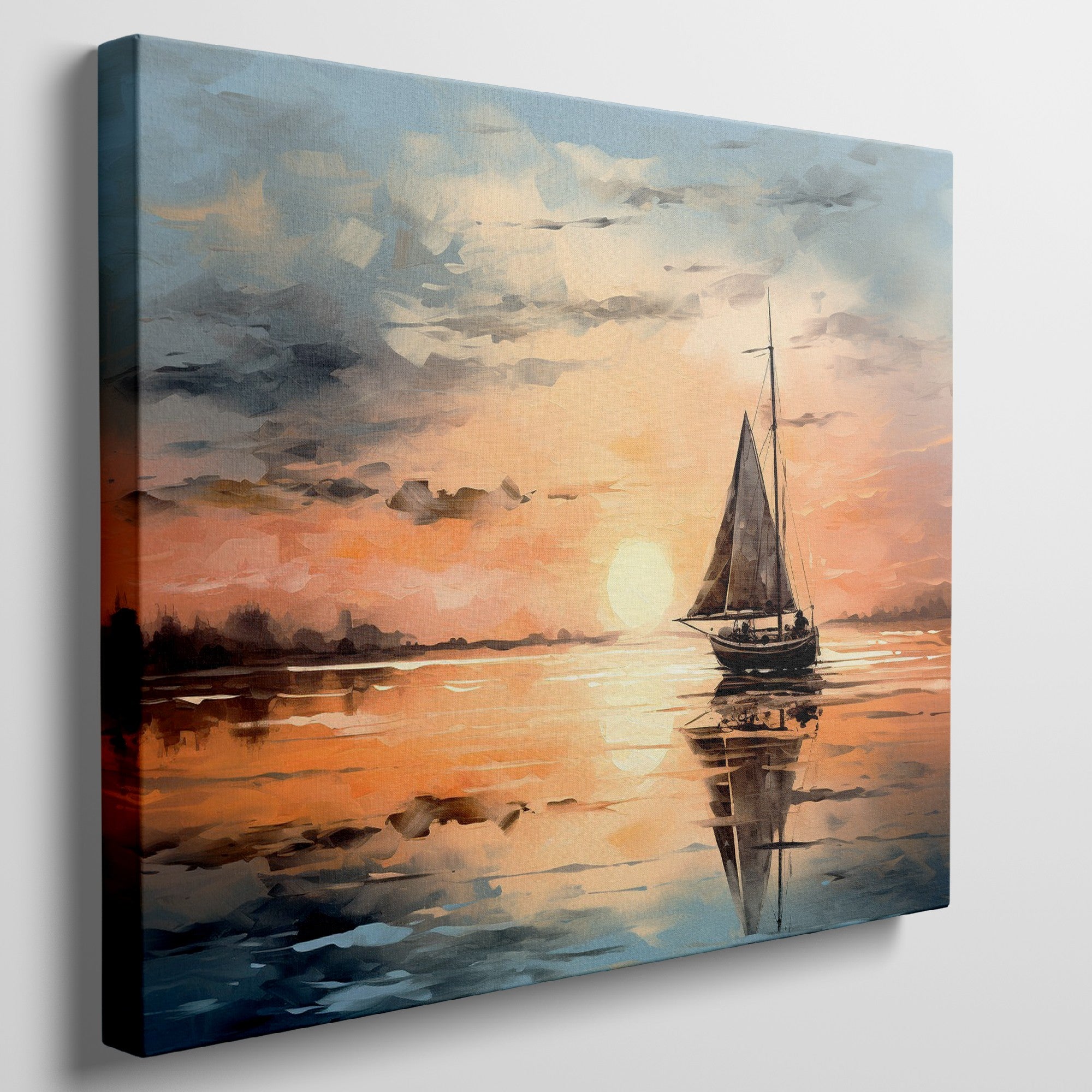 Framed canvas print of sailboat against golden sunset with peaceful ocean reflection