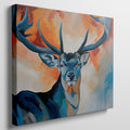 Framed canvas print of a stylized stag with abstract blue and orange background